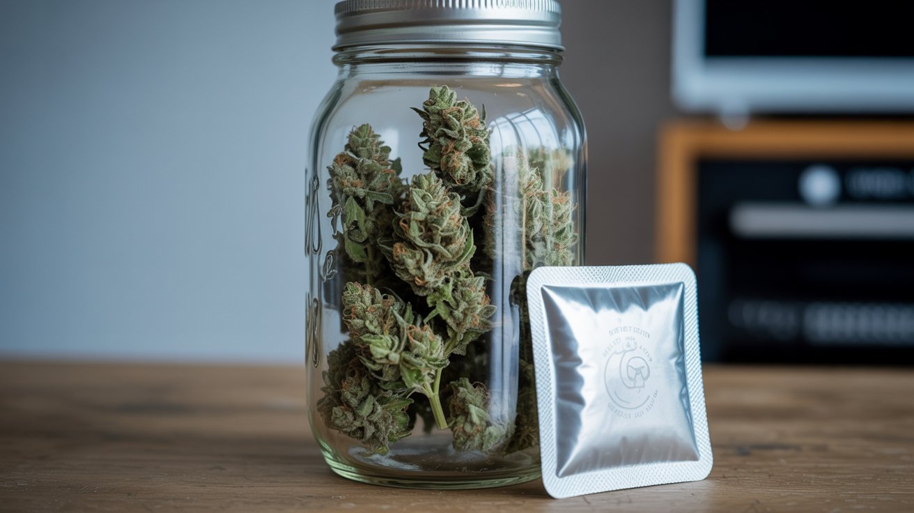 "Cannabis stored with a humidity control pack in an airtight jar to maintain freshness, terpene quality, and proper moisture levels."