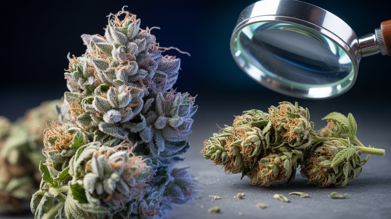 Close-up cannabis buds showing unusual powder, discoloration, fibers, and suspicious sparkling contamination signs.