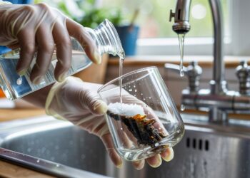 "Close-up of gloved hands cleaning a glass smoking pipe in a sink with alcohol and salt, removing resin buildup for a clearer, polished finish"