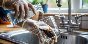 "Close-up of gloved hands cleaning a glass smoking pipe in a sink with alcohol and salt, removing resin buildup for a clearer, polished finish"