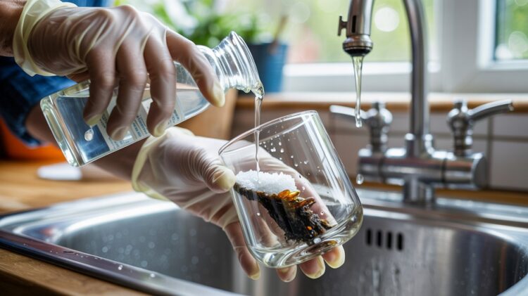 "Close-up of gloved hands cleaning a glass smoking pipe in a sink with alcohol and salt, removing resin buildup for a clearer, polished finish"