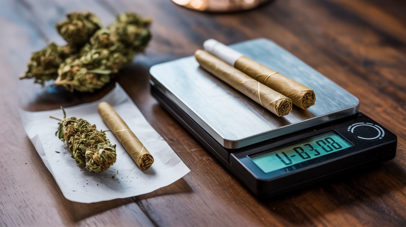Close up blunt rolling with cannabis buds and scale showing grams on table wooden surface