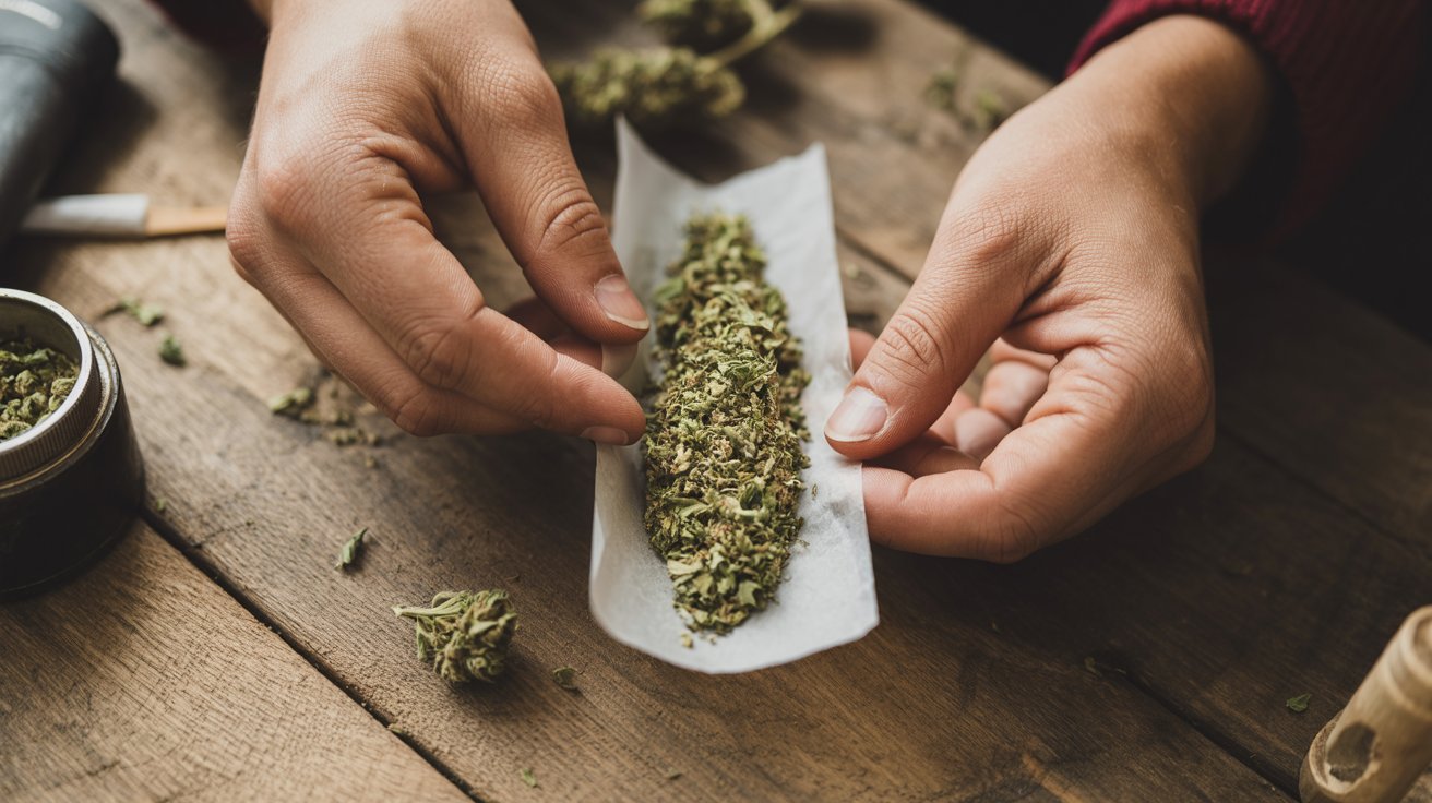 "Hands evenly filling a rolling paper with ground cannabis for a smooth and consistent filterless joint burn."