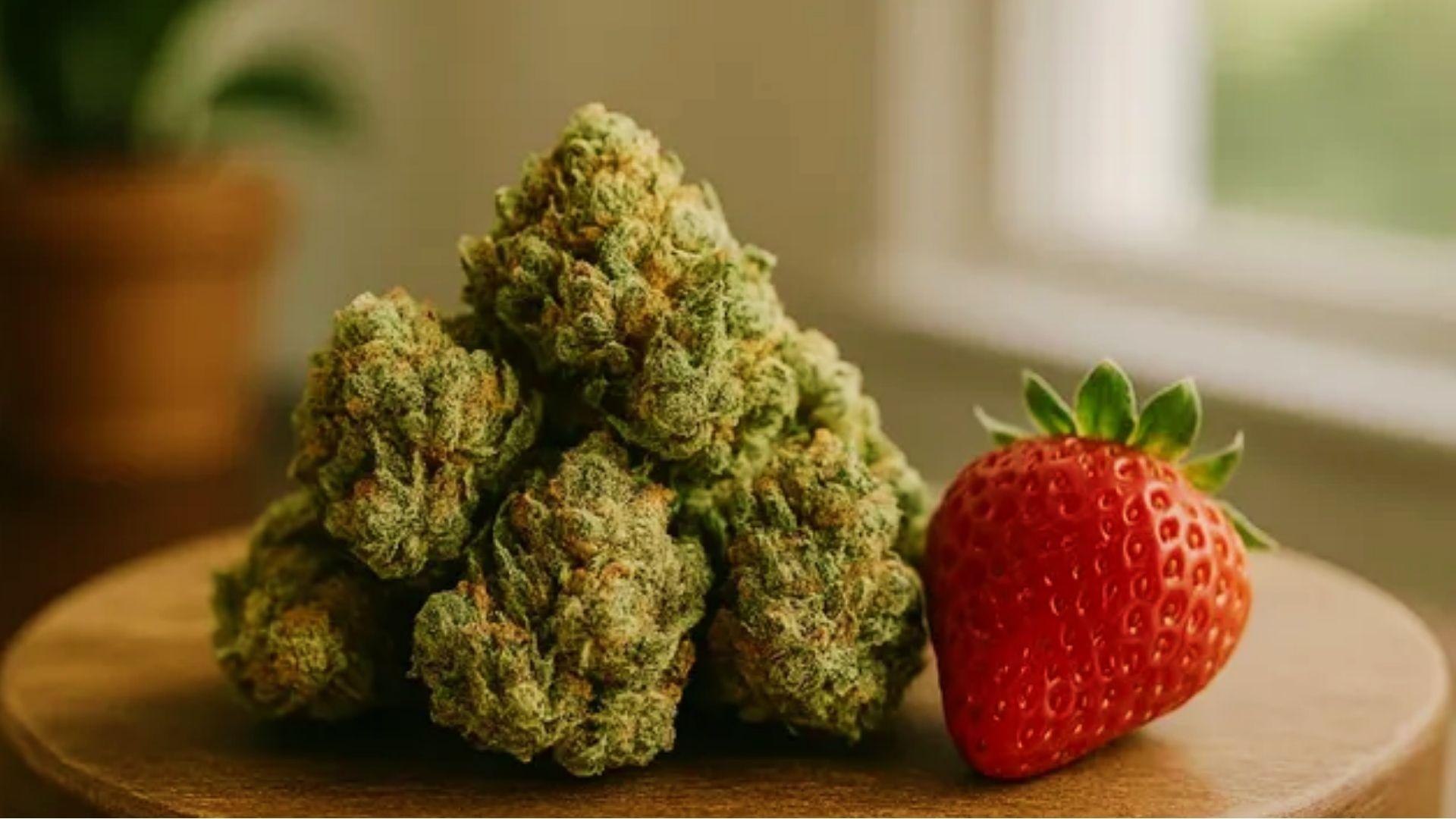 Energy-boosting cannabis buds displayed on wooden board next to fresh strawberry