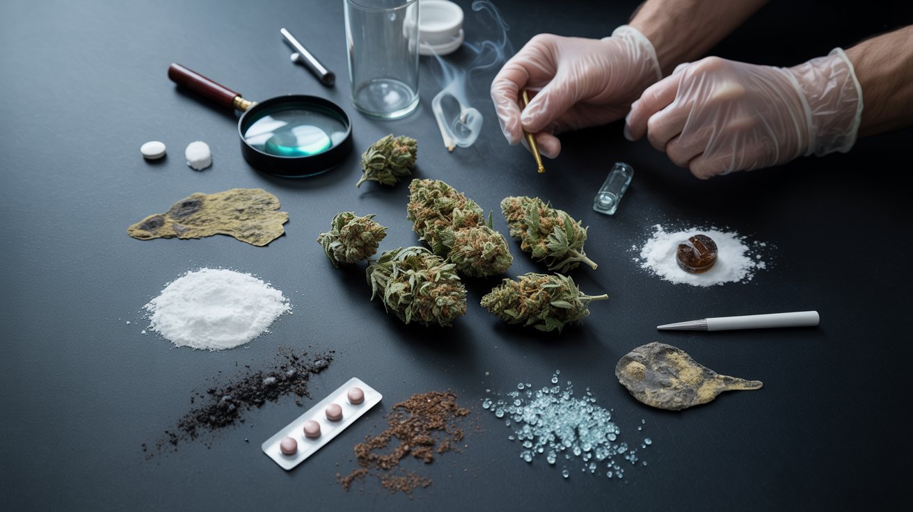 Cannabis buds surrounded by dangerous powders, chemicals, mold, and suspicious contamination under dramatic lighting.