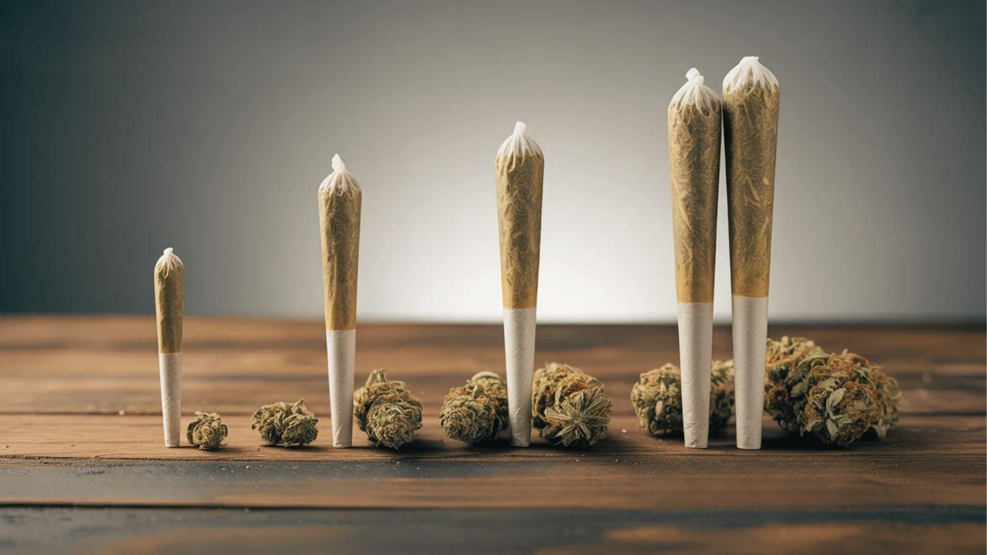 Close up illustration of small medium large blunts with cannabis and rolling setup tabletop scene