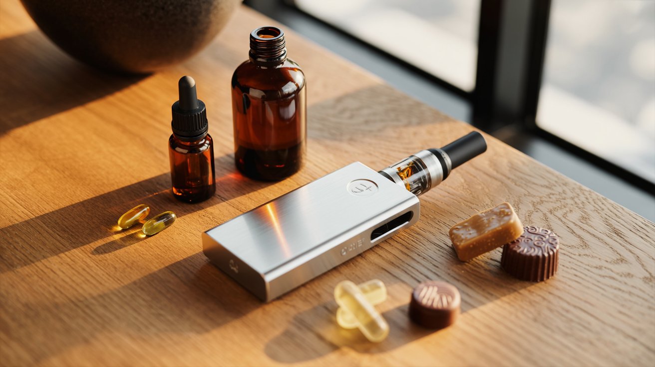 "Dry herb vaporizer, cannabis tincture, capsules, and edibles arranged on a wooden surface, showing smoke-free cannabis alternatives."