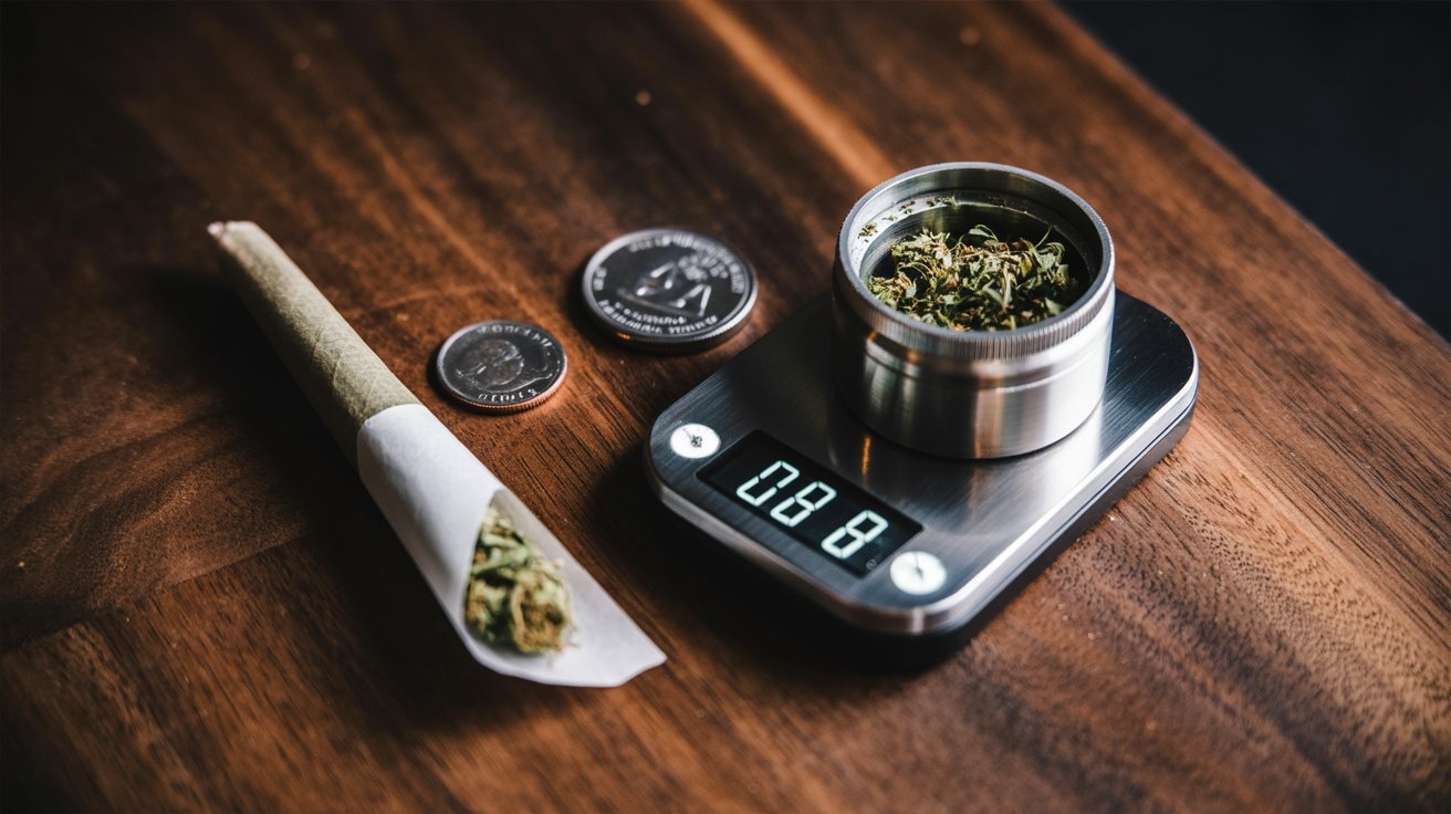 Close up cannabis measurement tools blunt grinder coin digital scale rolling preparation table scene photography