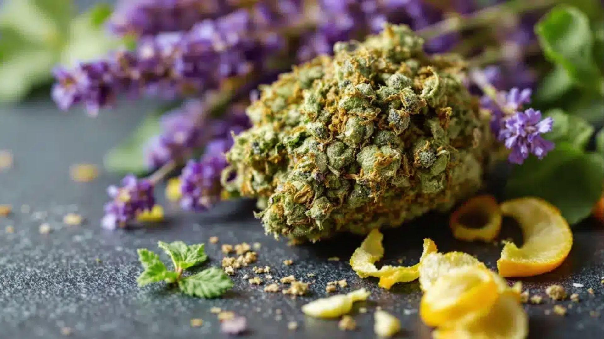 Close-up of cannabis bud with lavender flowers and lemon peels, showing natural terpene sources for calming anxiety