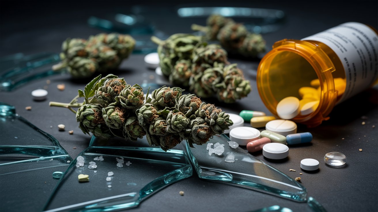 "Close-up of suspicious cannabis and chemical substances associated with dangerous contamination risks."