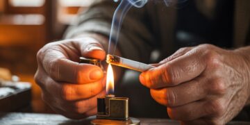 "Person carefully lighting a joint evenly with a lighter for a smooth and consistent burn in a realistic close-up scene."