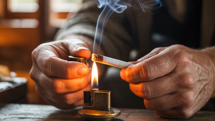 "Person carefully lighting a joint evenly with a lighter for a smooth and consistent burn in a realistic close-up scene."