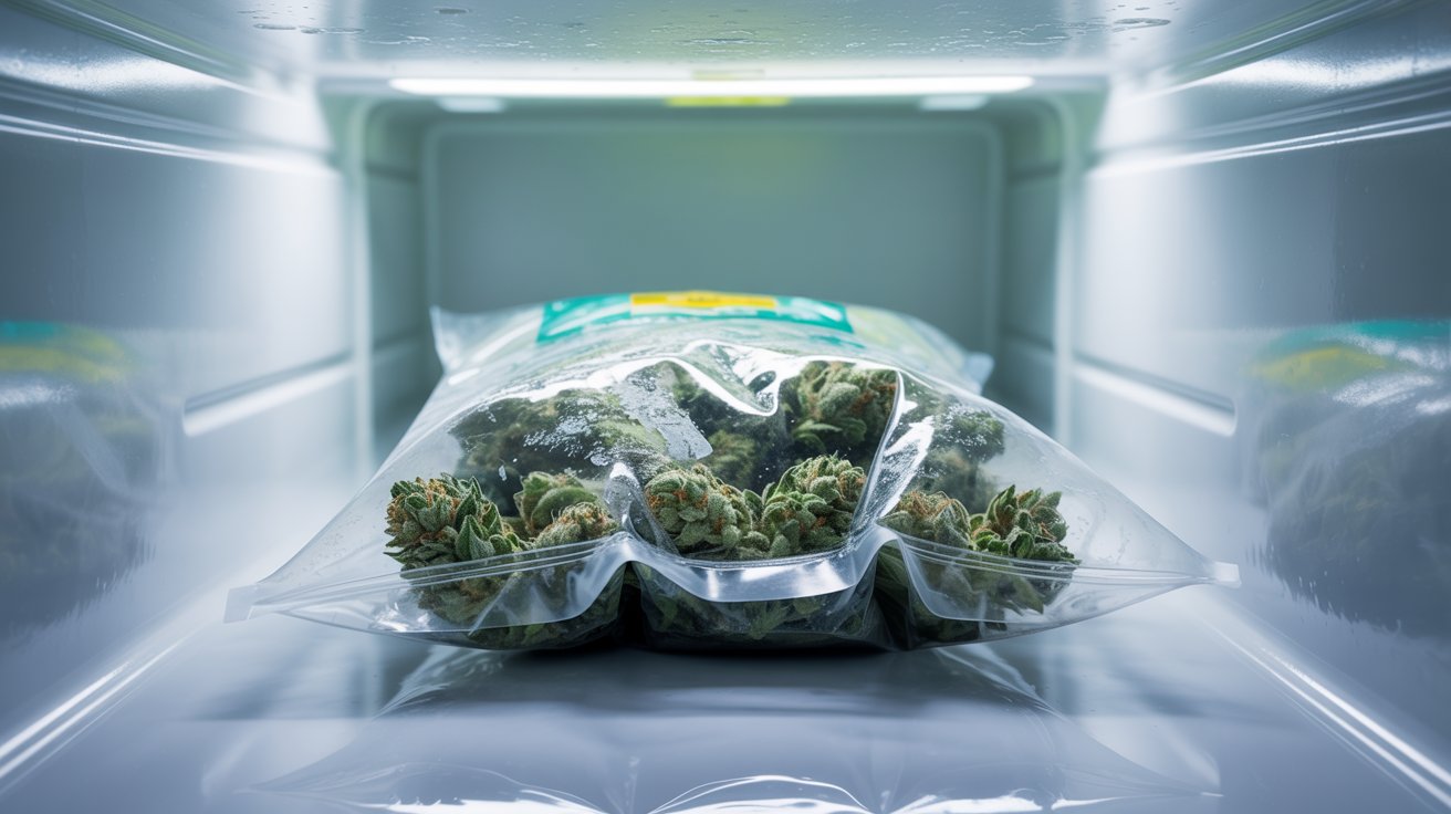 "Vacuum-sealed cannabis stored in a freezer for long-term weed preservation while protecting potency and freshness."