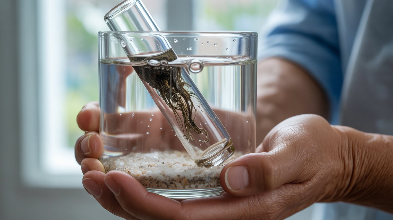 "Close-up of a glass pipe submerged in a glass container with alcohol and salt as residue dissolves and lifts off during deep cleaning"