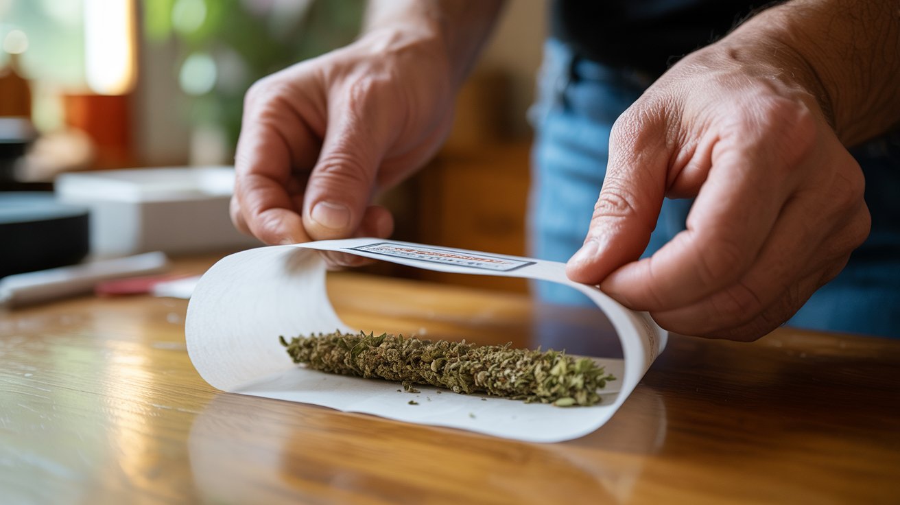 "Hands shaping rolling paper into a curved trough for evenly rolling a filterless joint."