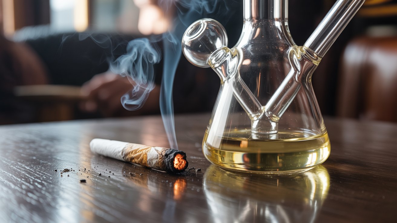 "Glass bong and partially burned joint with rising smoke on a wooden table, illustrating cannabis smoking methods and smoke exposure."