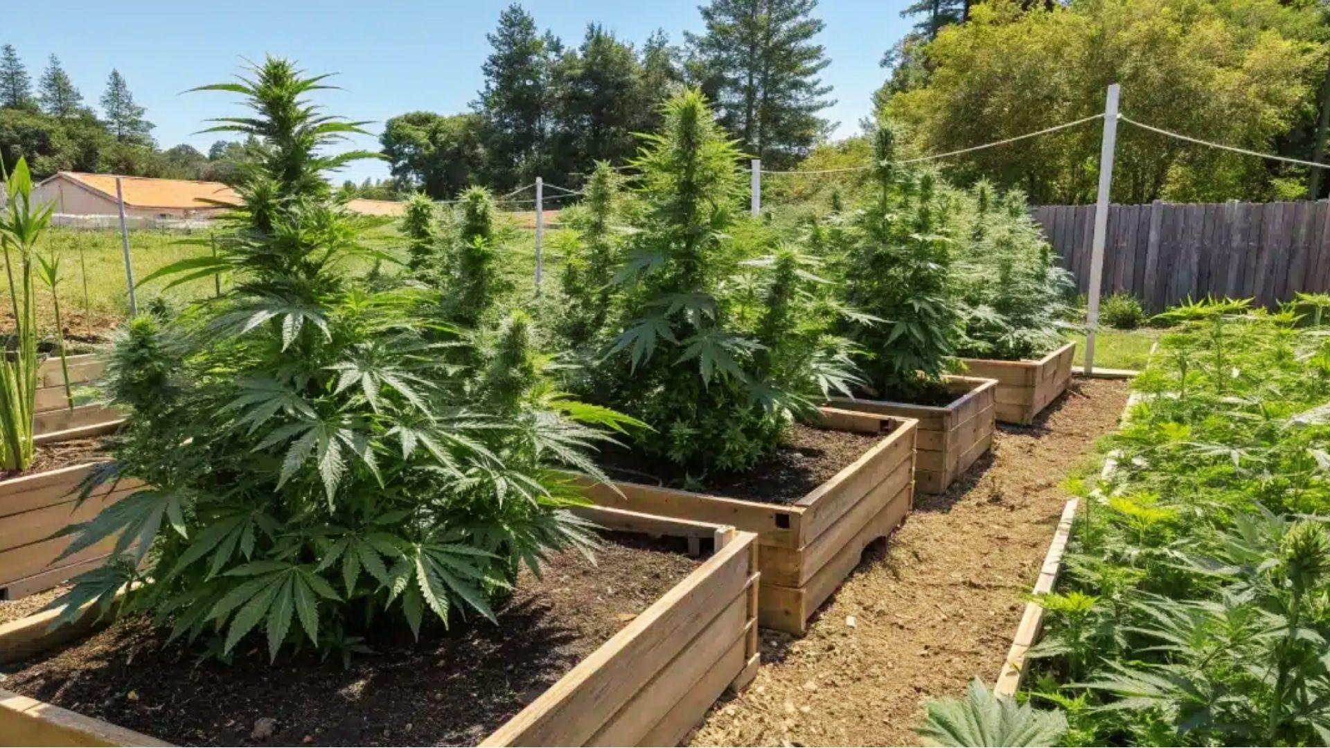 Outdoor raised bed garden growing tall cannabis plants known for energizing effects