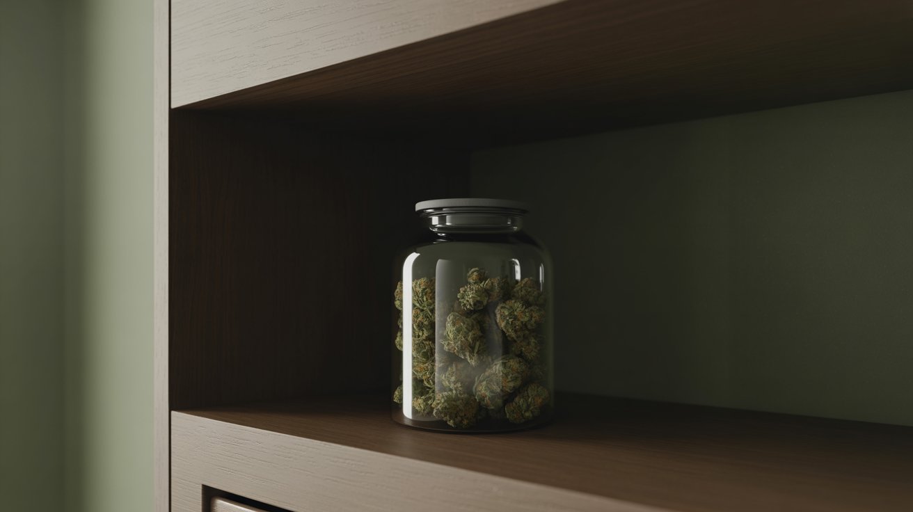 "Cannabis stored in an airtight glass jar inside a cool dark cupboard to protect THC potency and terpene freshness."