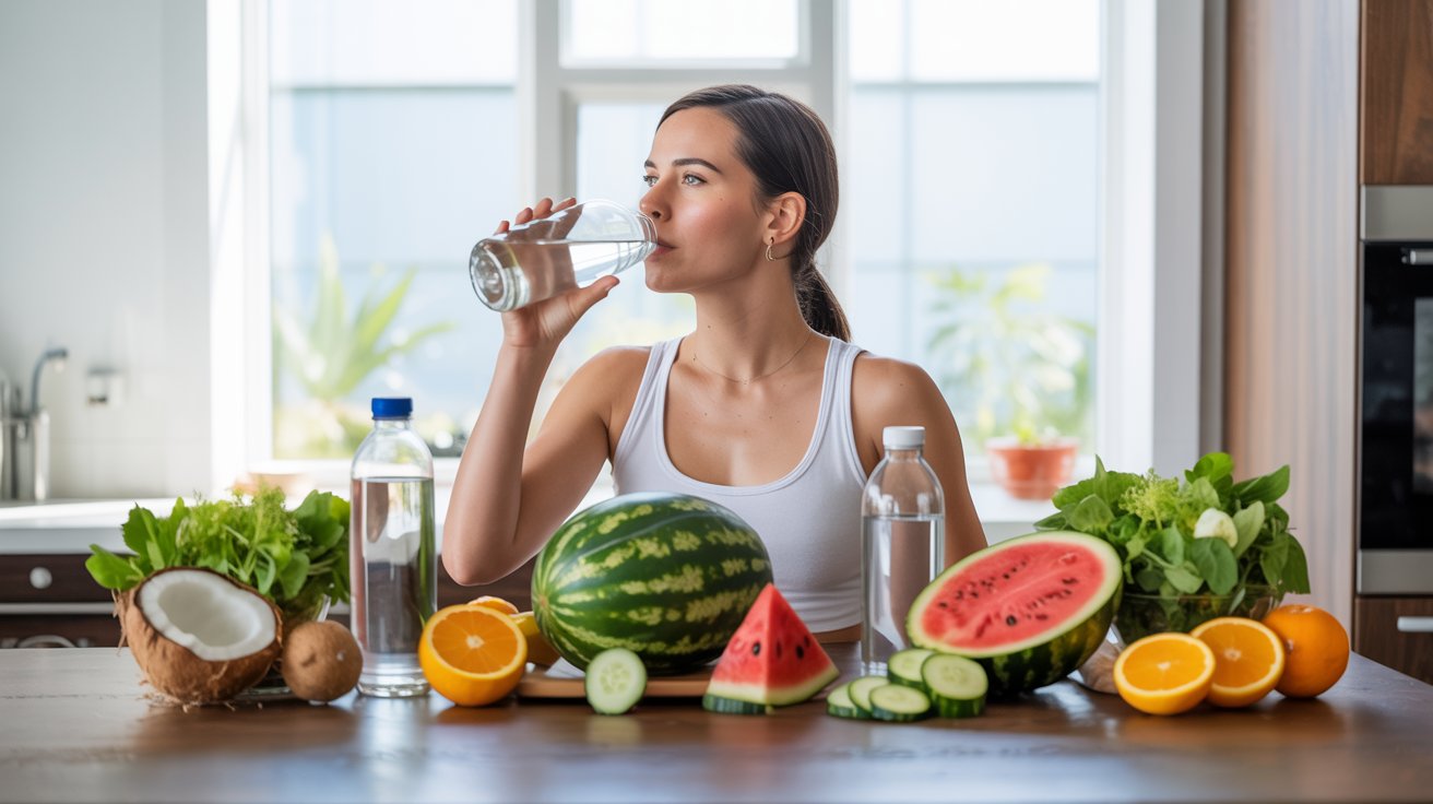 Healthy hydration setup with water, fruits, and cannabis products promoting balanced hydration during cannabis use.