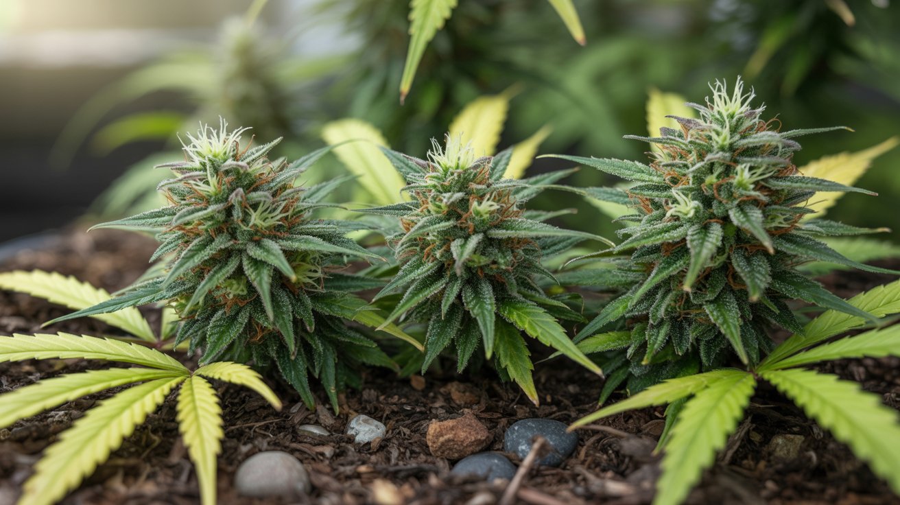 Natural cannabis plant grown organically with healthy buds, soil based cultivation, clean green background lighting
