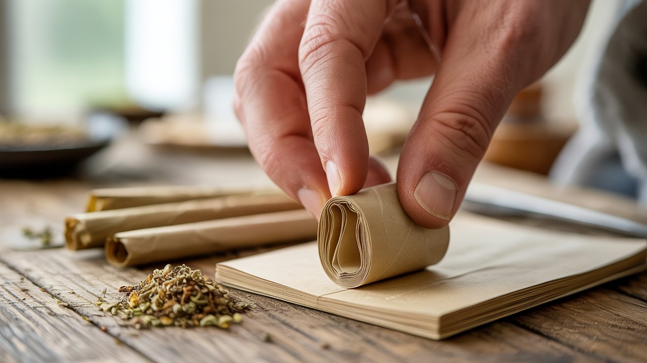 "Hands making a homemade cigarette filter from thick paper beside rolling papers and herbal smoking blend on a wooden surface."