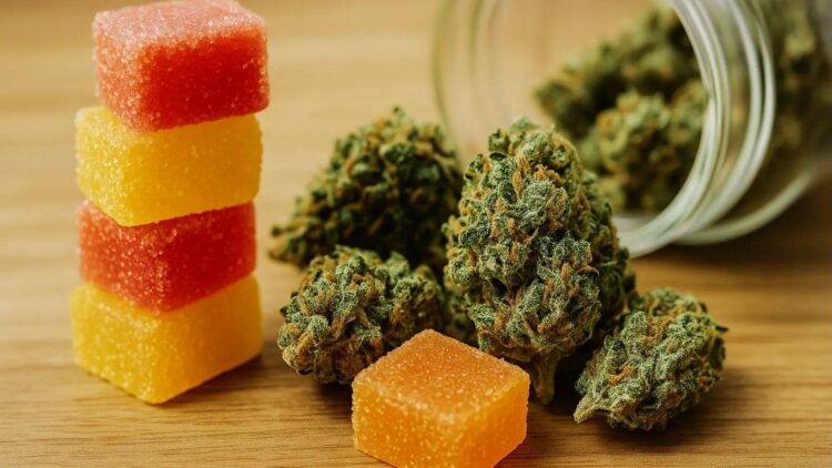 Stack of red and yellow cannabis gummies next to cannabis flower buds on wooden table surface