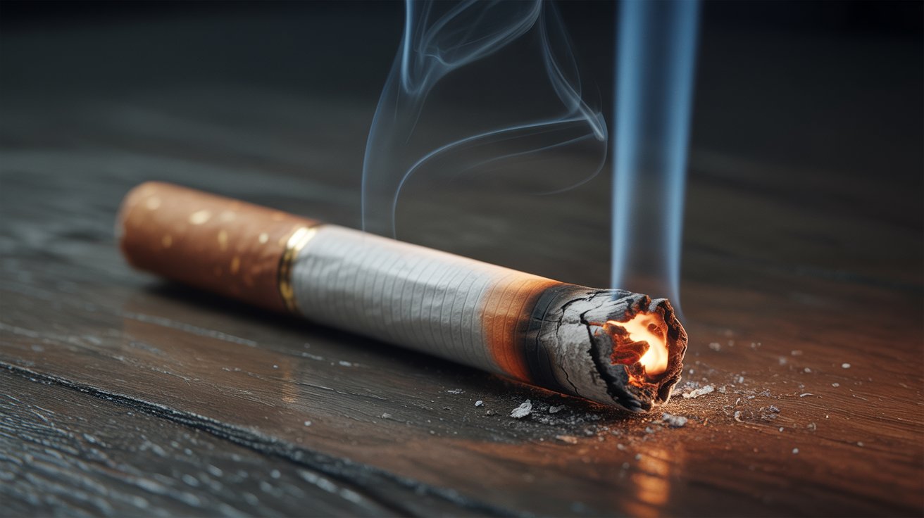 "Close-up macro image of a partially smoked hand-rolled cigarette showing uneven canoeing burn with one side burning faster and smoke rising in cinematic lighting"