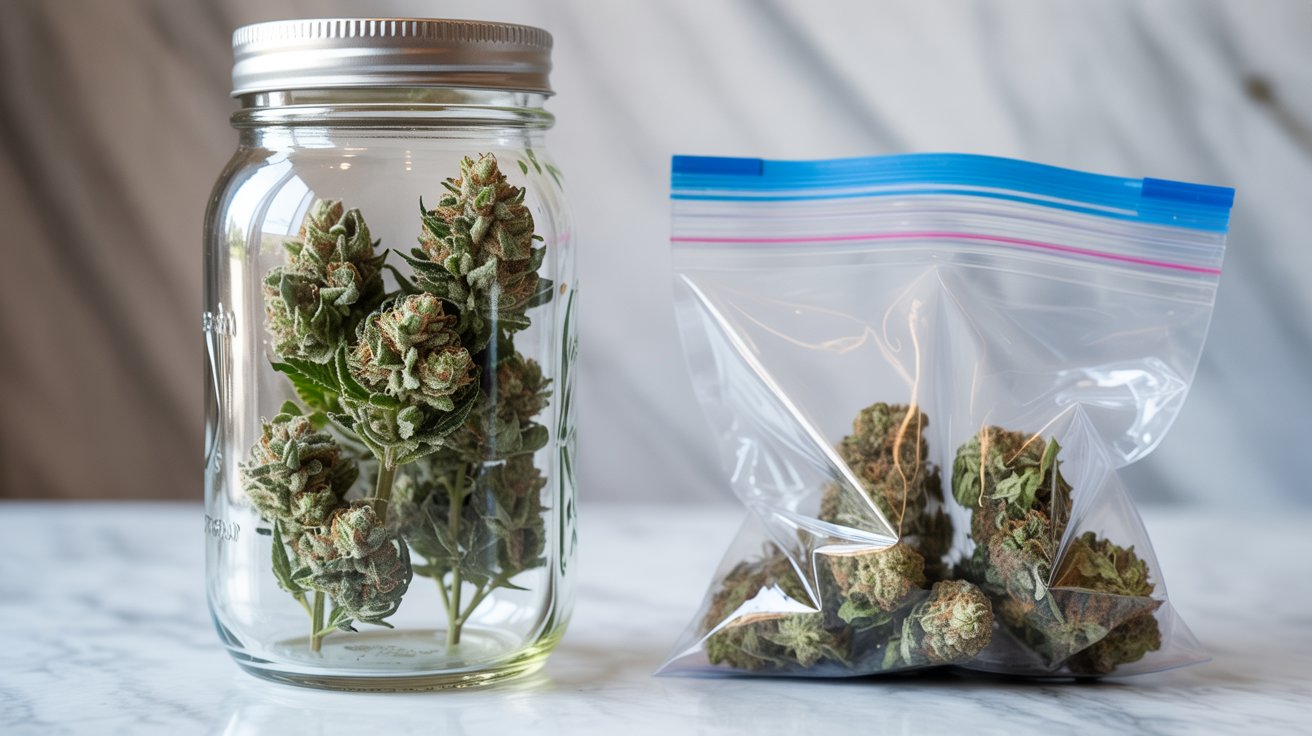 "Cannabis stored in a glass jar compared to a plastic bag to show the best way to preserve weed potency and freshness."