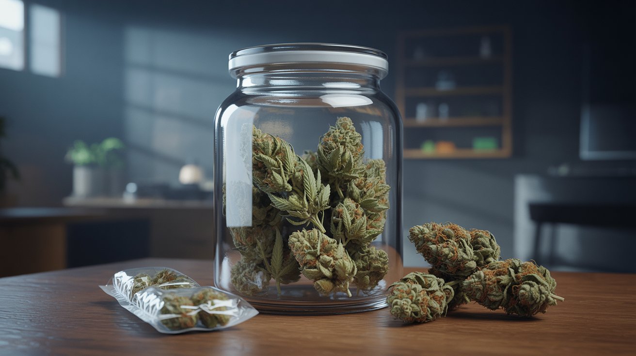 "Fresh cannabis stored correctly in an airtight glass jar to protect THC potency, terpenes, flavor, and overall weed quality."