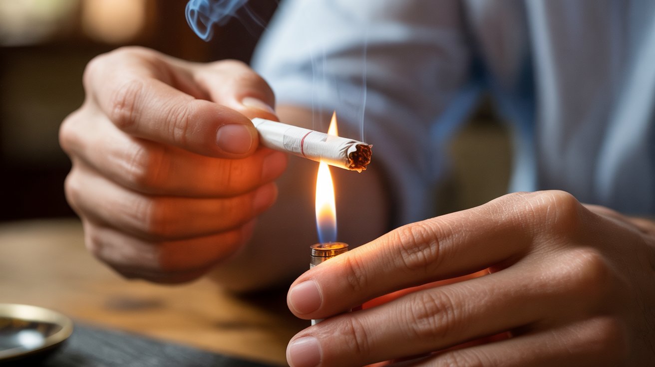 "Person carefully toasting the tip of a joint with a lighter to create an even burn and prevent canoeing."