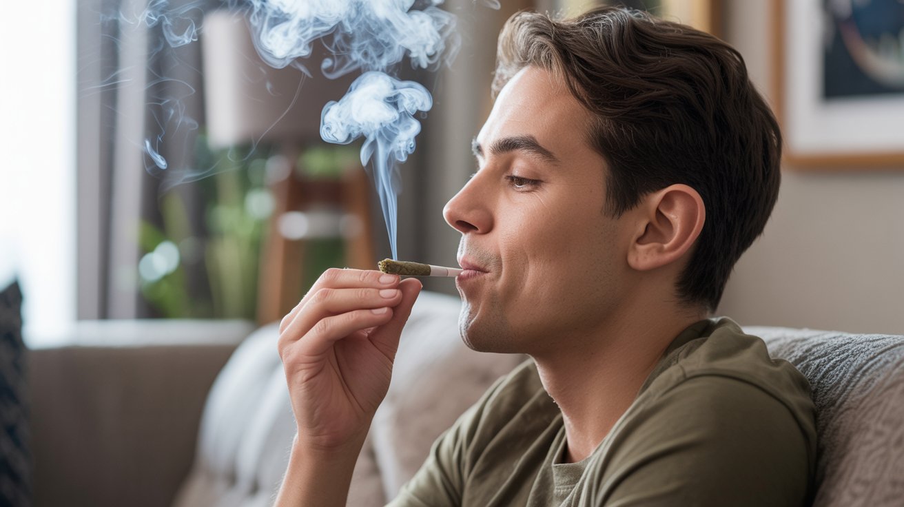 Beginner taking small cannabis puff indoors with calm expression and soft natural lighting atmosphere