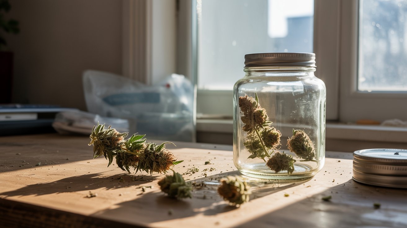 "Cannabis buds exposed to light, heat, and air showing factors that cause weed to lose potency over time."