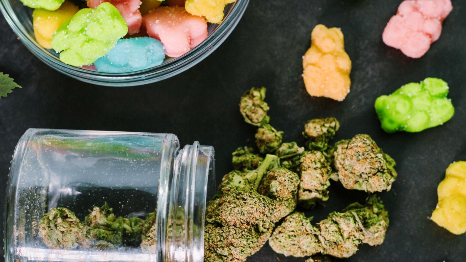 Colorful cannabis gummies spilled beside dried buds and glass jar for homemade edibles and dosing recipes