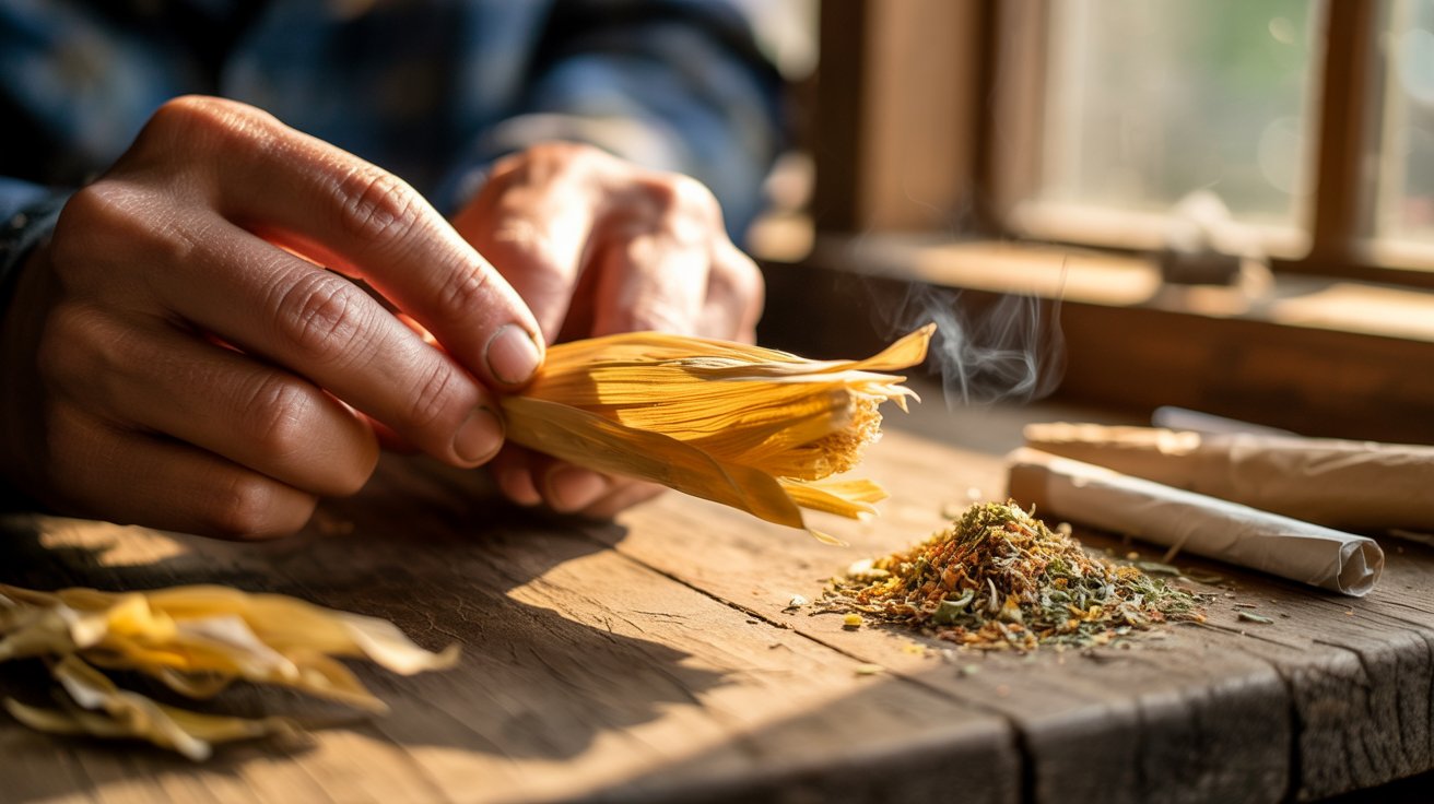 "Hands preparing a natural corn husk filter tip beside rolling papers and dried herbal blend on a rustic wooden surface."