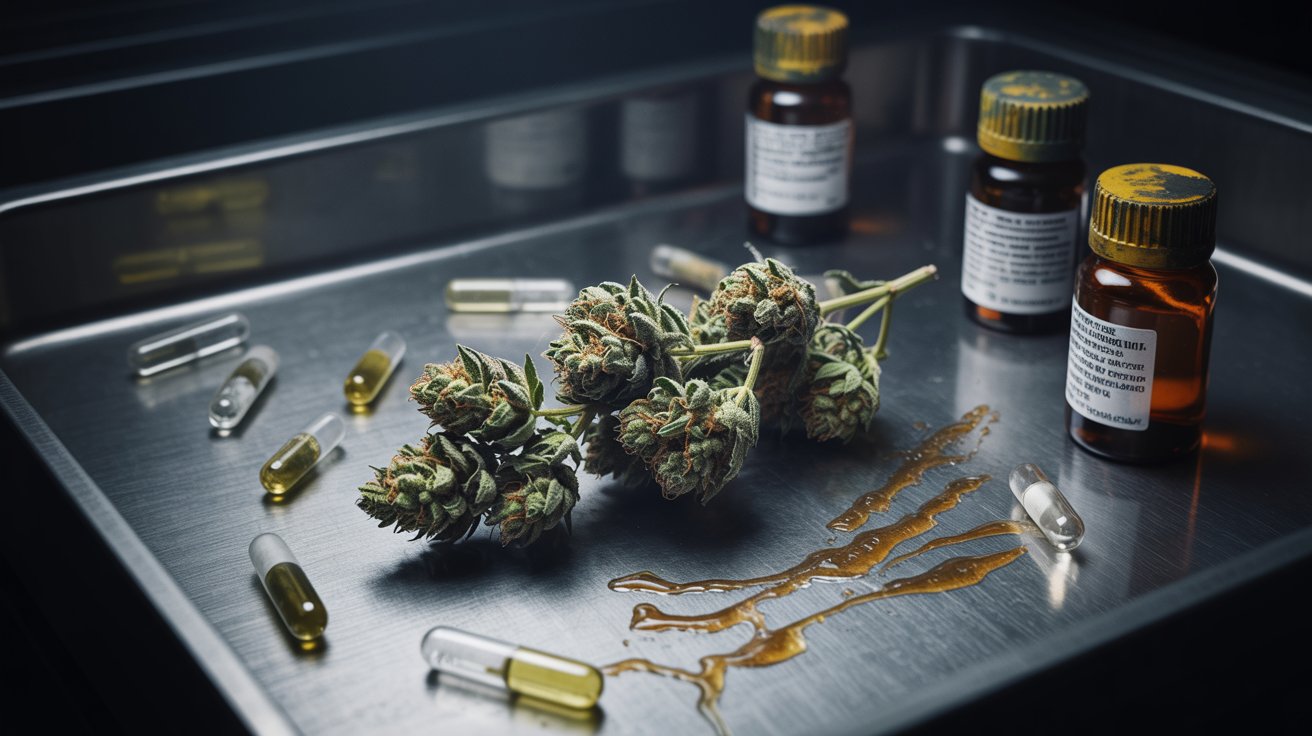 "Contaminated cannabis displayed with dangerous chemical substances in a realistic forensic-style setting."
