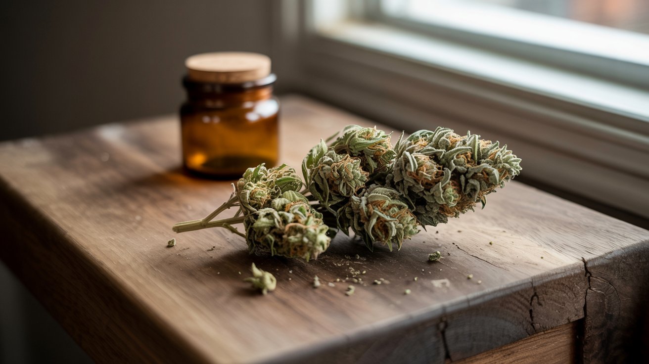 "Close-up of aged cannabis buds with dry texture and faded color showing signs of weed degradation over time."