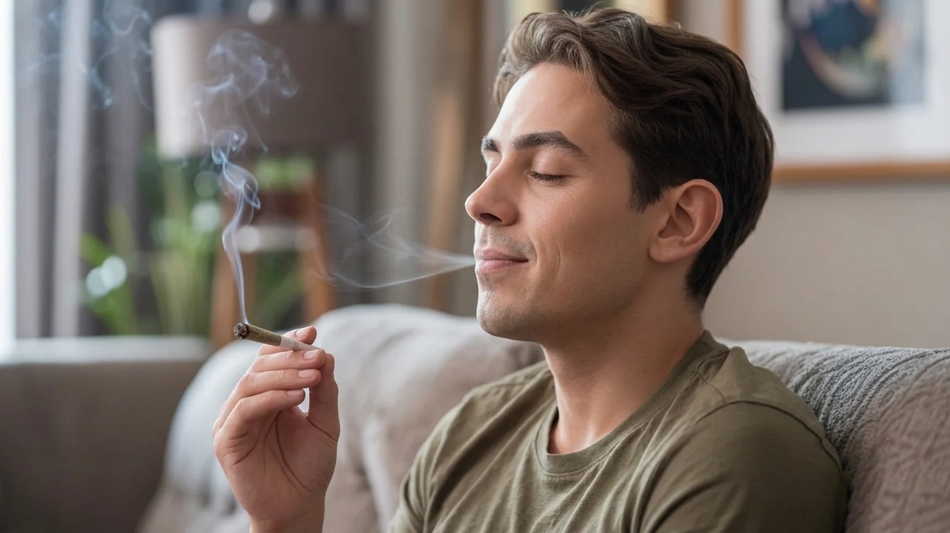 Beginner inhaling cannabis smoke correctly indoors with relaxed breathing and soft ambient lighting scene