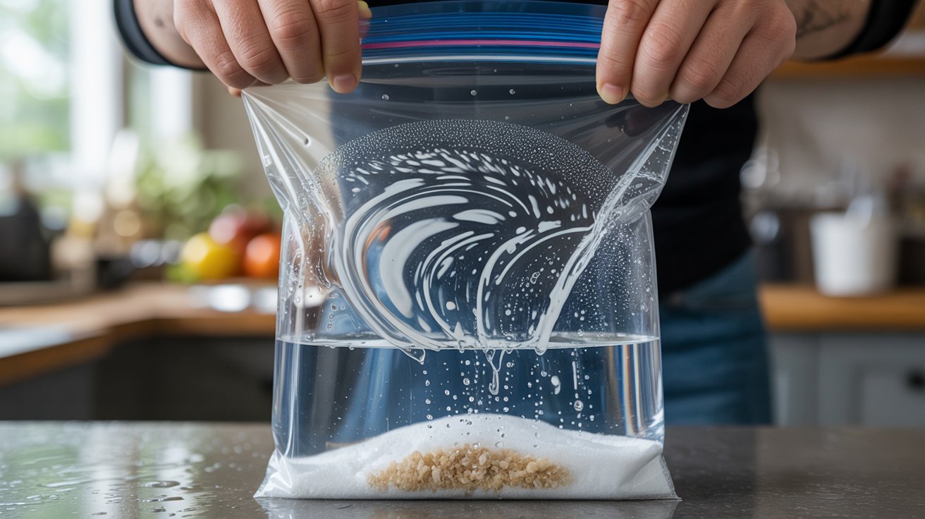 "Hands shaking a sealed plastic bag containing a glass pipe with alcohol and salt, showing motion of liquid and residue being removed during a quick cleaning process"