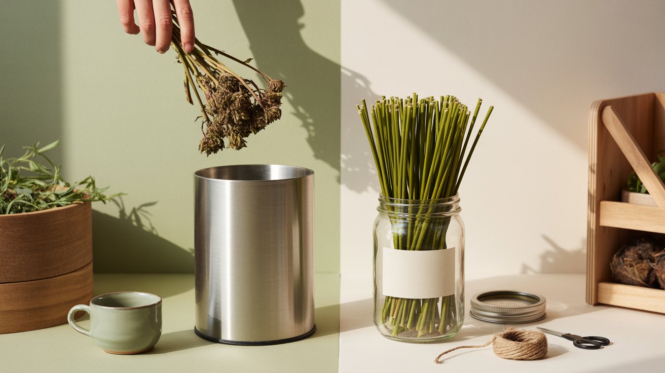 Split scene cannabis stems jar compost crafts vs discarded waste eco friendly comparison minimal natural lighting