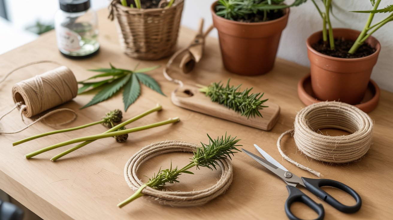 Cannabis stems crafts plant markers weaving DIY art handmade rustic creative workspace table