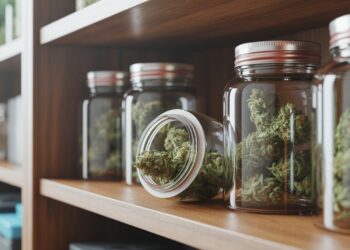 Fresh cannabis buds stored in airtight glass jars with humidity packs on wooden shelves indoors