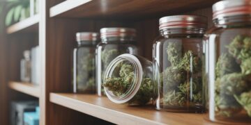 Fresh cannabis buds stored in airtight glass jars with humidity packs on wooden shelves indoors