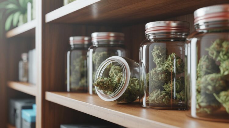 Fresh cannabis buds stored in airtight glass jars with humidity packs on wooden shelves indoors