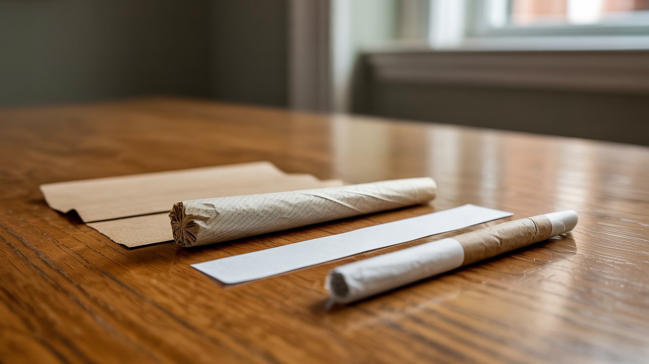 "Homemade paper filter joint shown beside uncoated cardstock and a store-bought filter tip on a wooden table."