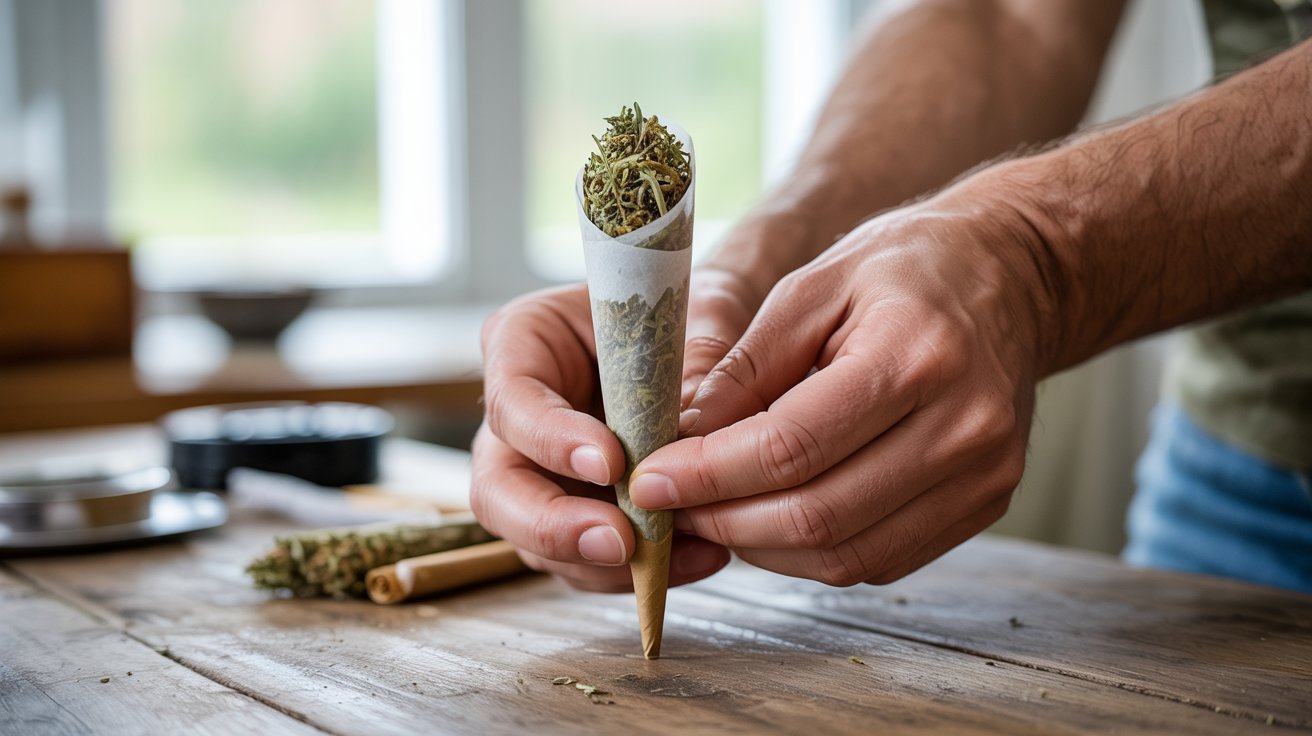 "Close-up of hands finishing and twisting the top of a pre-rolled cone filled with herbal blend on a wooden table under soft natural light"