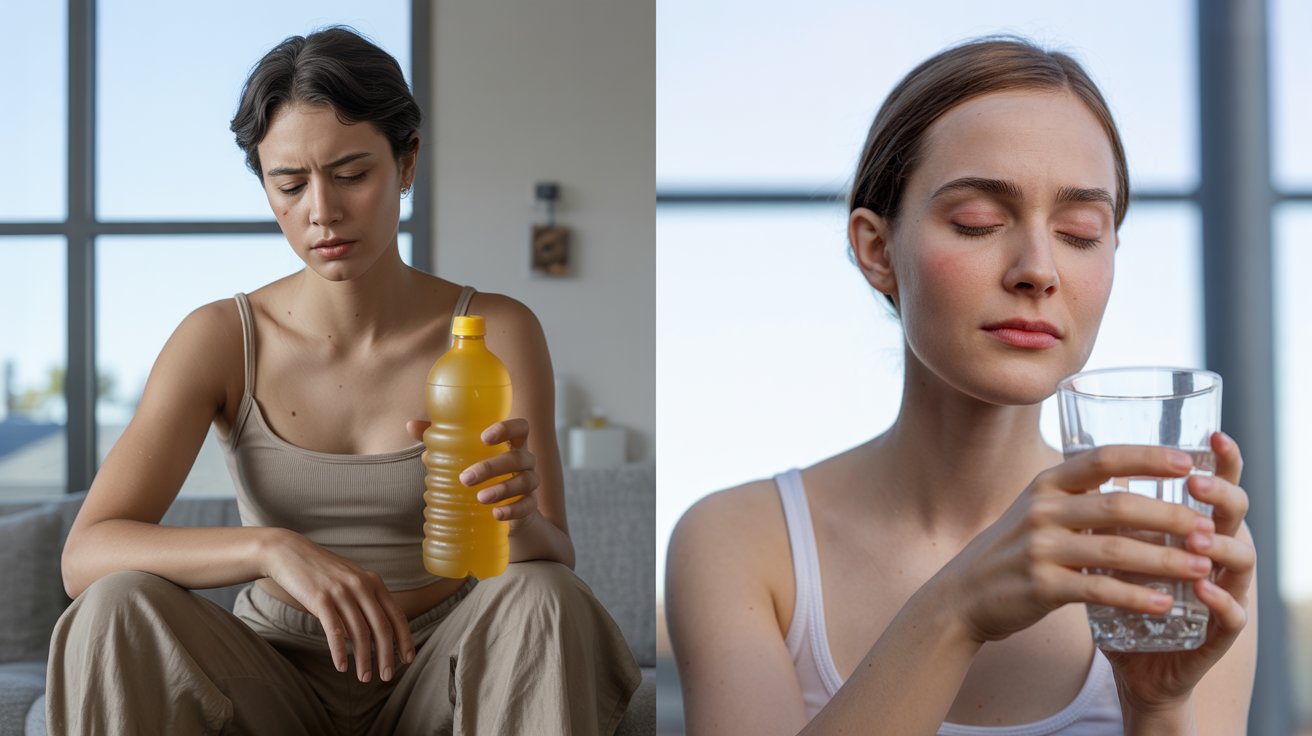 Split scene comparing real dehydration symptoms with common cannabis side effects like dry mouth and thirst