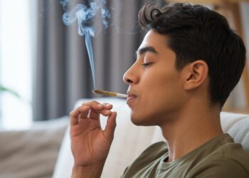 Beginner calmly inhaling cannabis joint indoors with soft lighting and relaxed educational atmosphere for first-time users