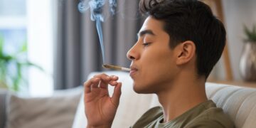Beginner calmly inhaling cannabis joint indoors with soft lighting and relaxed educational atmosphere for first-time users