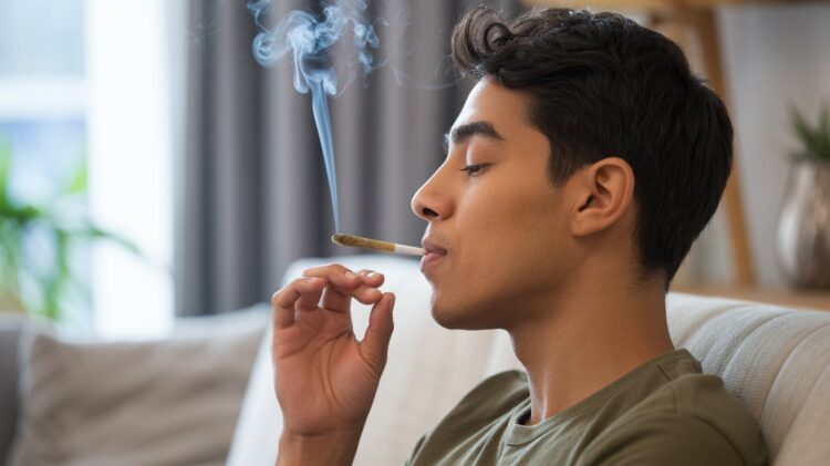 Beginner calmly inhaling cannabis joint indoors with soft lighting and relaxed educational atmosphere for first-time users
