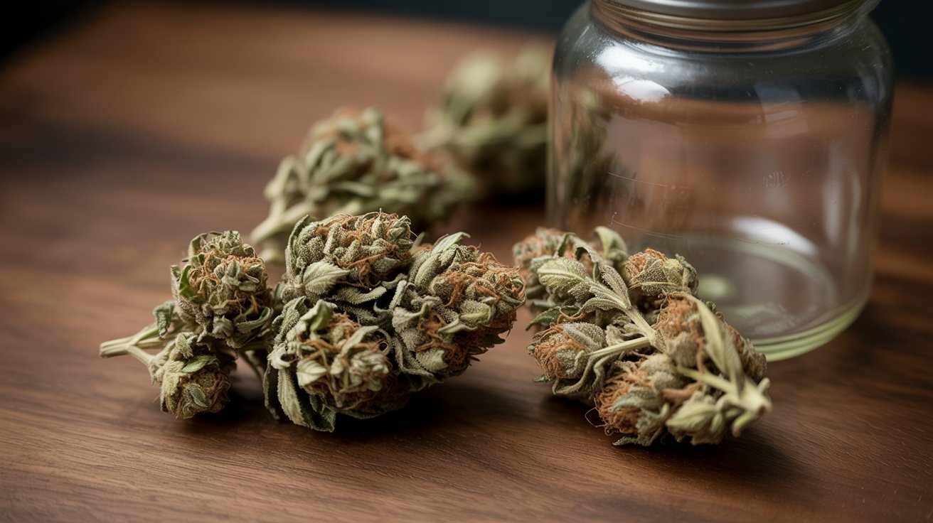 "Old cannabis buds with dry texture, faded color, and mold spots showing clear signs of weed going bad."